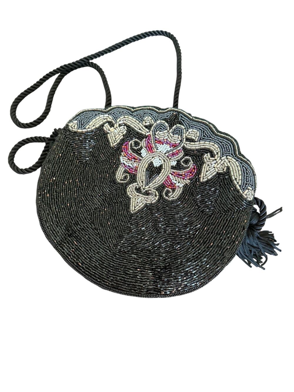 Vtg 1980tgHong Kong Hand Beaded Evening Bag Black Bugle Beads Tassle